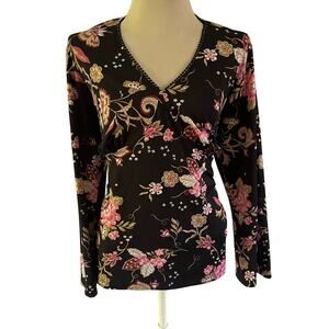 Vtg Y2K 2000s Black Floral Long Sleeve Babydoll Top Plus 2X Stretch Whimsygoth